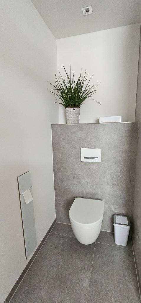 Modernes WC mit grauer Fliesenwand